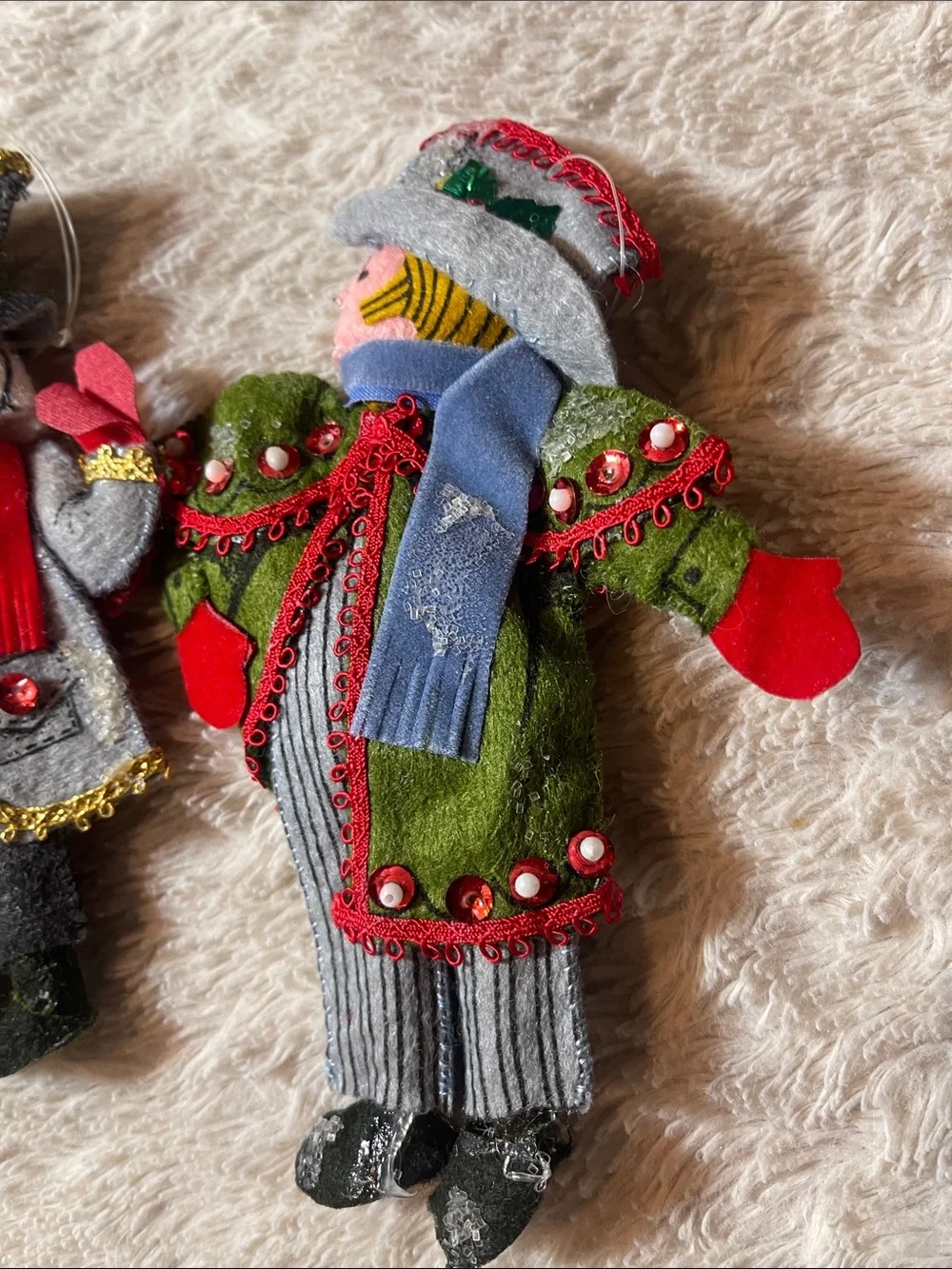 Vintage  Felt Holiday Carolers ornaments Trio in Red, Green, Yellow
